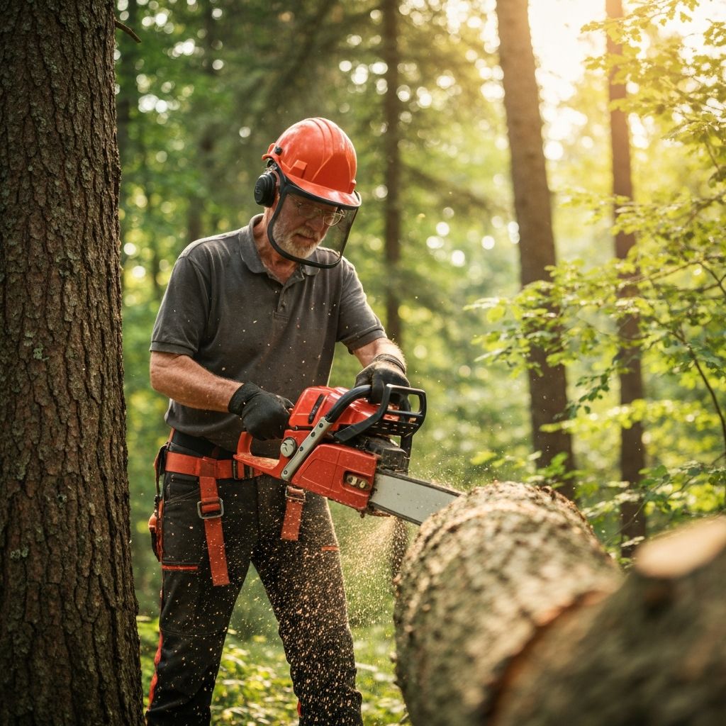 Professional tree felling with safety equipment